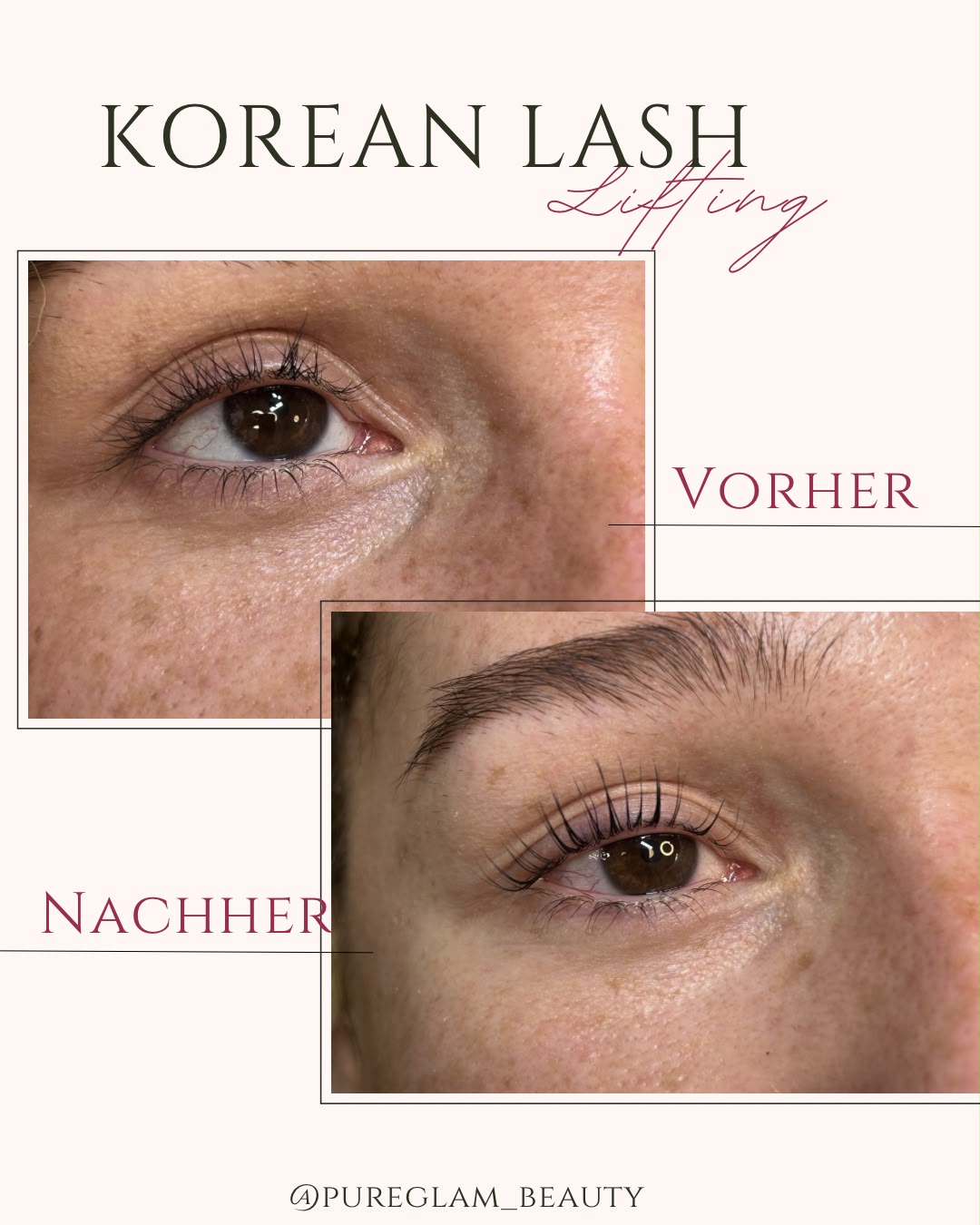 Vorher-Nachher-Vergleich eines Korean Lash Lifts: unauffällige Wimpern vorher, deutlich sichtbarer Schwung direkt nach der Behandlung