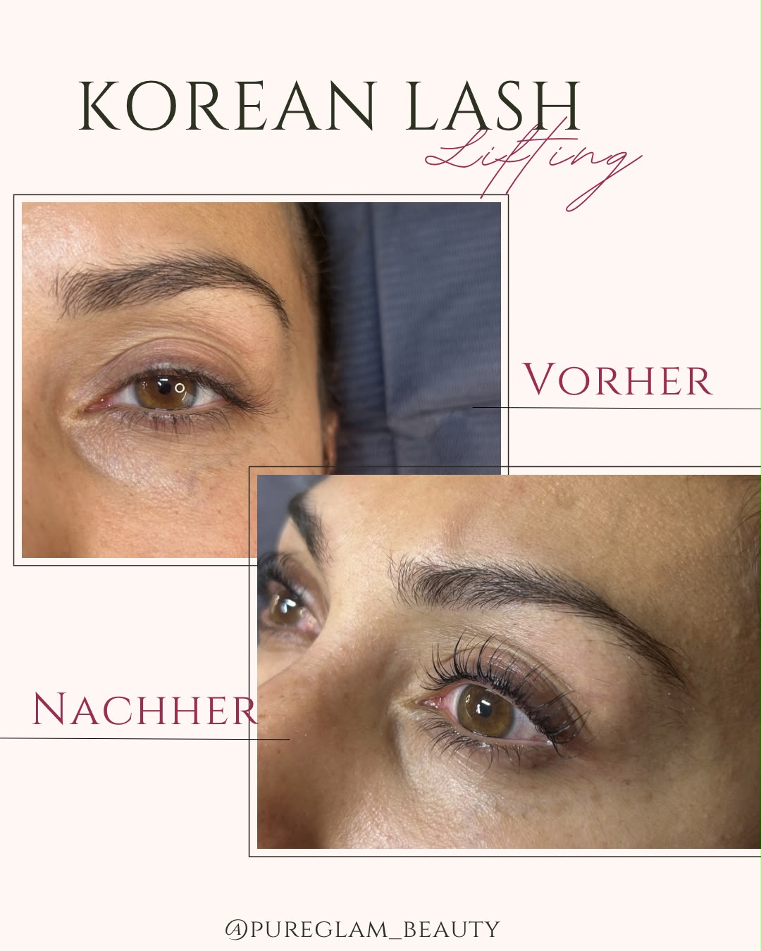 Vorher-Nachher-Vergleich eines Korean Lash Lifts: flacher Wimpernwuchs vorher, angehobene, gleichmäßig geschwungene Wimpern nachher