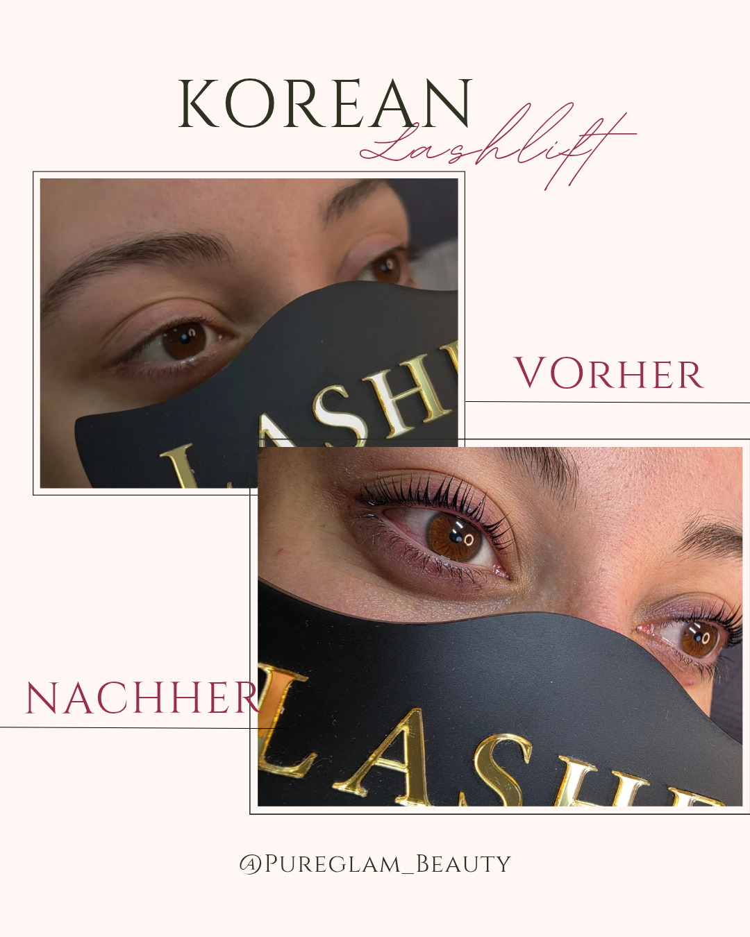 Vorher-Nachher-Vergleich eines Korean Lash Lifts: flacher Wimpernwuchs vorher, angehobene, gleichmäßig geschwungene Wimpern nachher