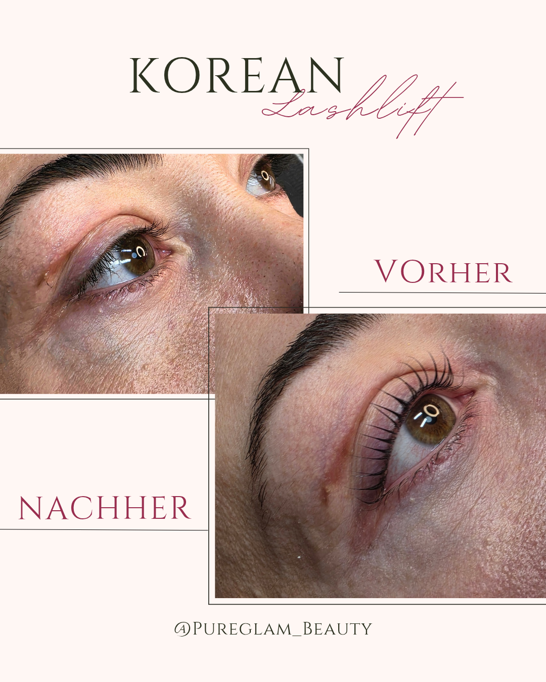 Vorher-Nachher-Vergleich eines Korean Lash Lifts: flacher Wimpernwuchs vorher, angehobene, gleichmäßig geschwungene Wimpern nachher