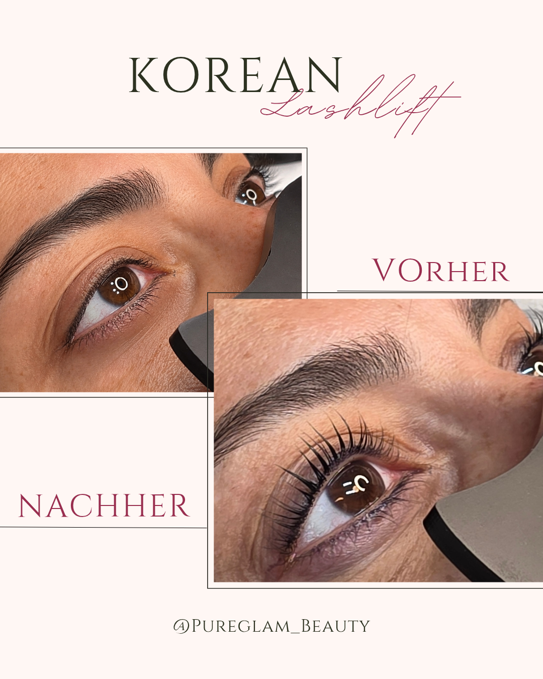 Vorher-Nachher-Vergleich eines Korean Lash Lifts: flacher Wimpernwuchs vorher, angehobene, gleichmäßig geschwungene Wimpern nachher