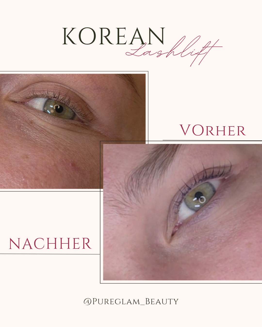 Vorher-Nachher-Vergleich eines Korean Lash Lifts: flacher Wimpernwuchs vorher, angehobene, gleichmäßig geschwungene Wimpern nachher