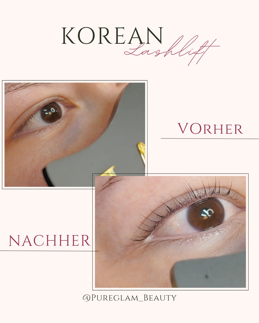 Vorher-Nachher-Vergleich eines Korean Lash Lifts: flacher Wimpernwuchs vorher, angehobene, gleichmäßig geschwungene Wimpern nachher