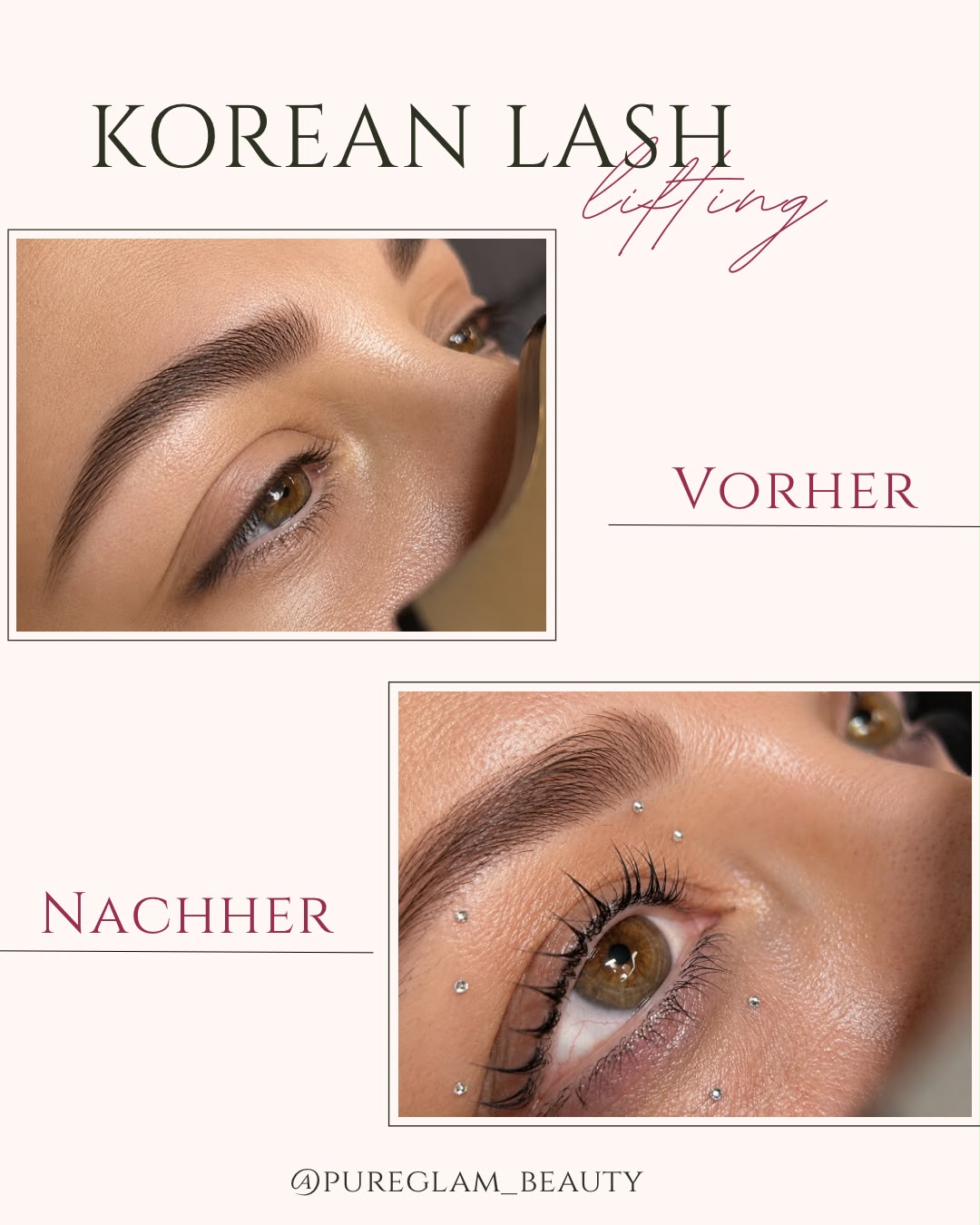 Vorher-Nachher-Vergleich eines Korean Lash Lifts: gerade gewachsene Wimpern vorher, deutlich angehobene und definierte Wimpern nachher