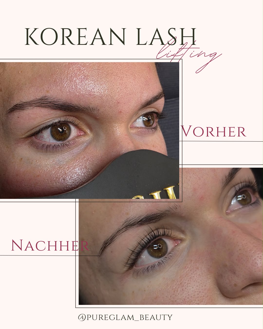 Vorher-Nachher-Vergleich eines Korean Lash Lifts: flach liegende Wimpern vorher, natürlich geschwungene Wimpern nachher