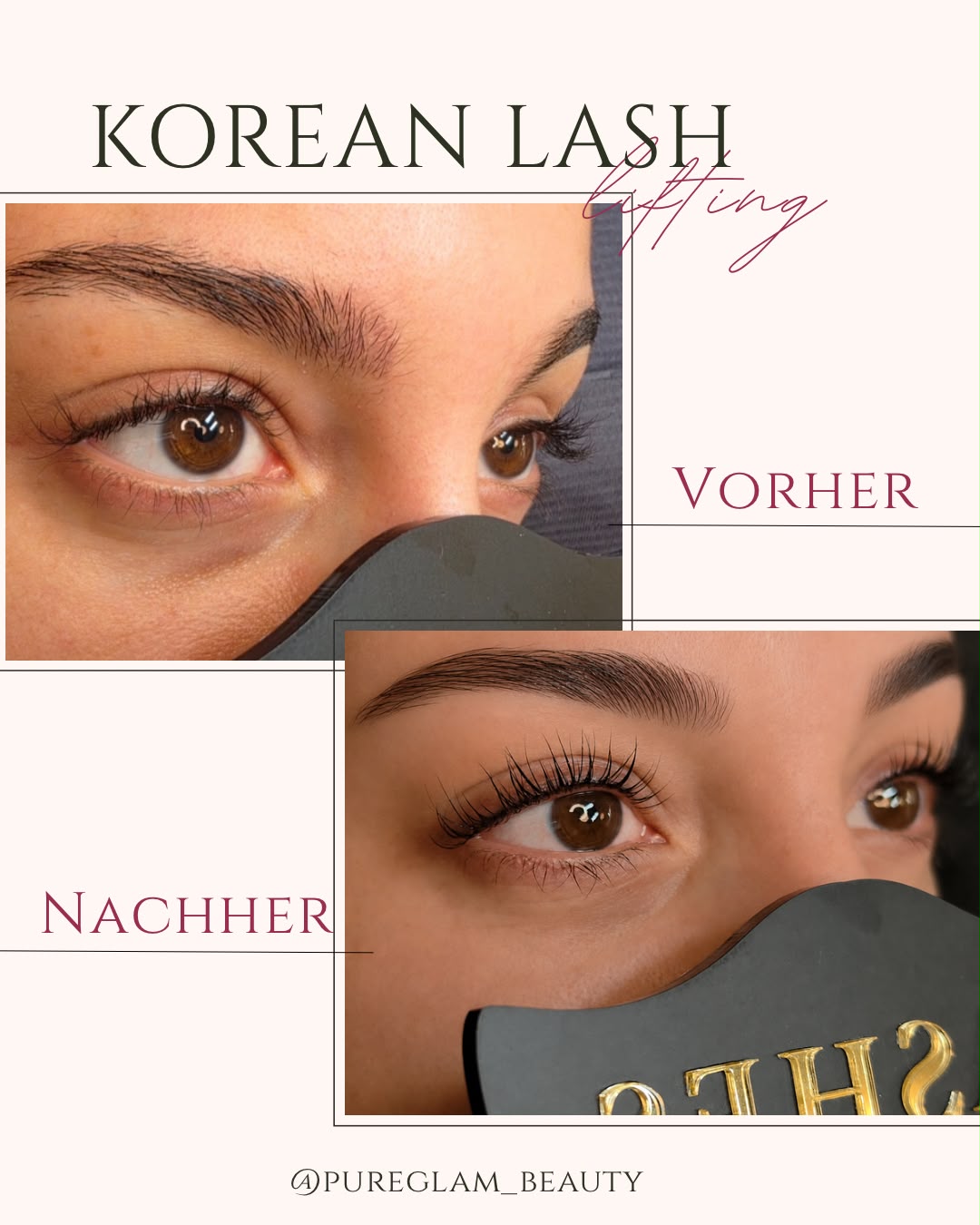 Vorher-Nachher-Vergleich eines Korean Lash Lifts: kurze, gerade Wimpern vorher, sichtbar verlängert wirkende, geschwungene Wimpern nachher