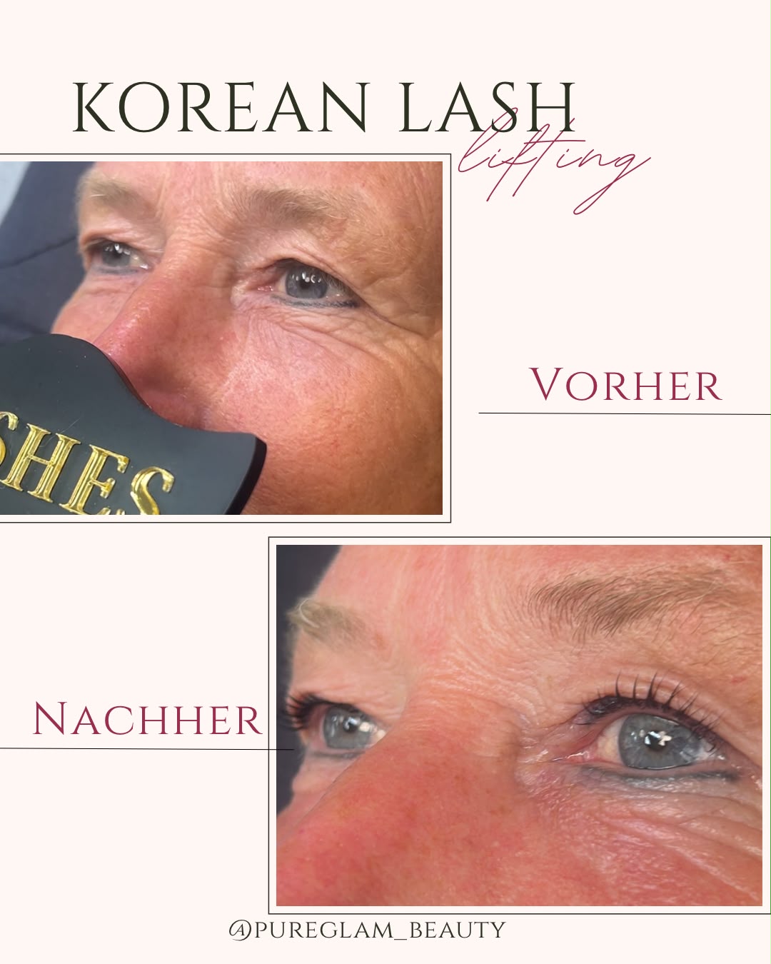 Vorher-Nachher-Vergleich eines Korean Lash Lifts: natürliche Wimpern vorher, gleichmäßig gelifteter Schwung vom Ansatz nachher
