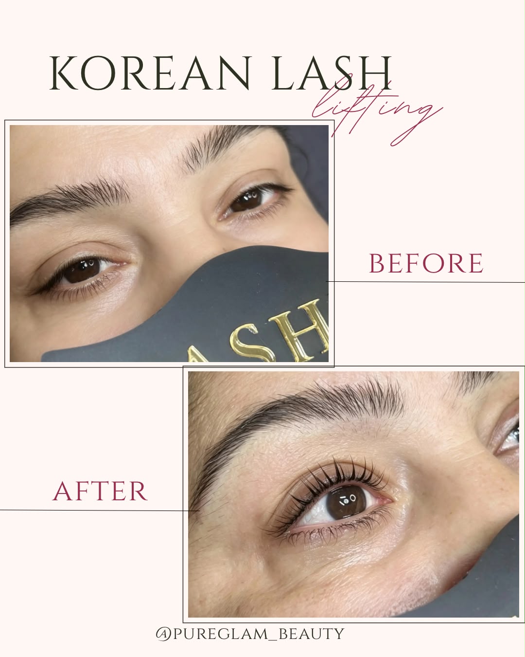 Vorher-Nachher-Vergleich eines Korean Lash Lifts: feine Wimpern vorher, voller wirkender, geschwungener Wimpernkranz nachher