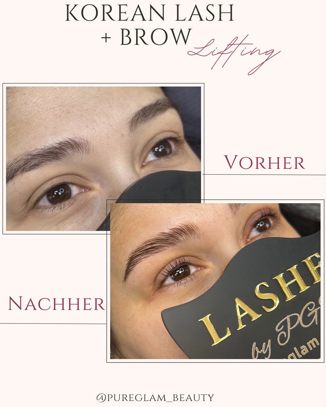 Vorher-Nachher-Vergleich eines Korean Lash Lifts: gerade Wimpern vorher, natürlich wirkender Lift mit offenem Blick nachher